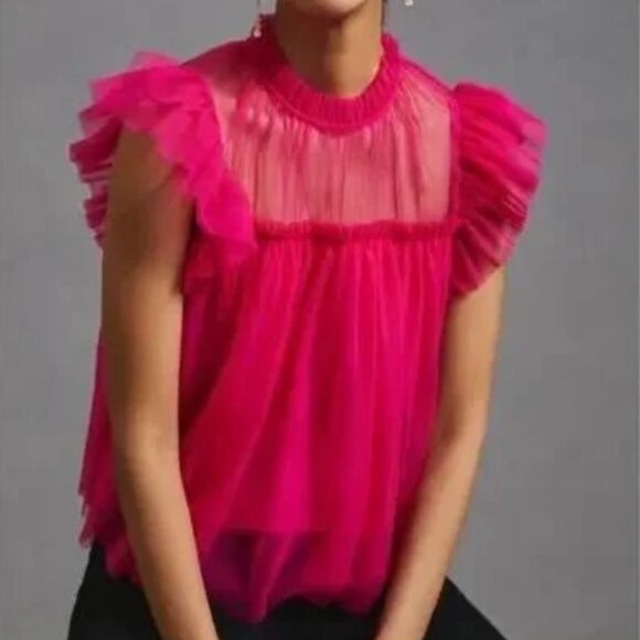 Joie Blush Pink Tulle Mesh Flutter Sleeve Ruffle Blouse, S - Picture 12 of 12